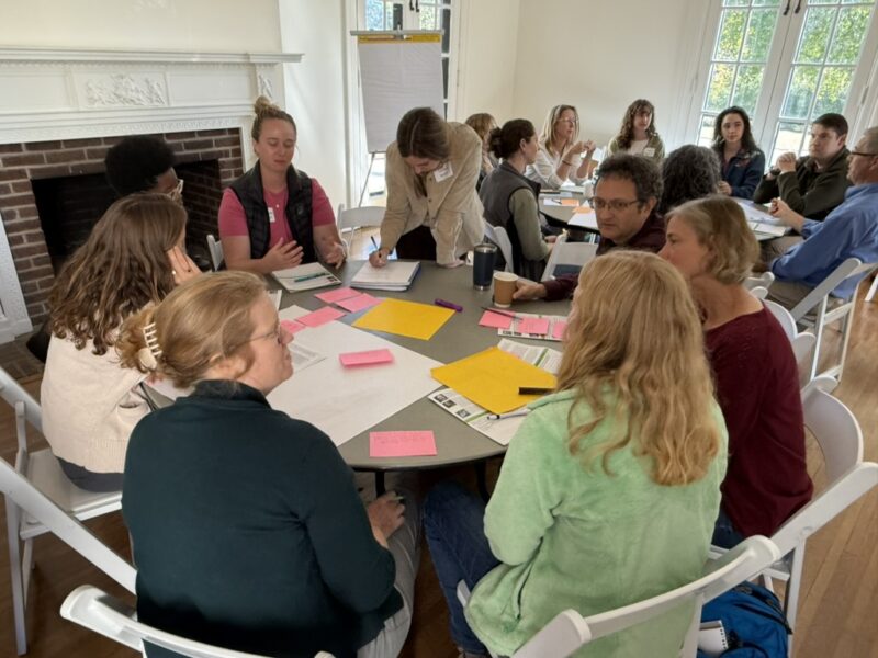 Group gathering around round table writing ideas on post-it notes.